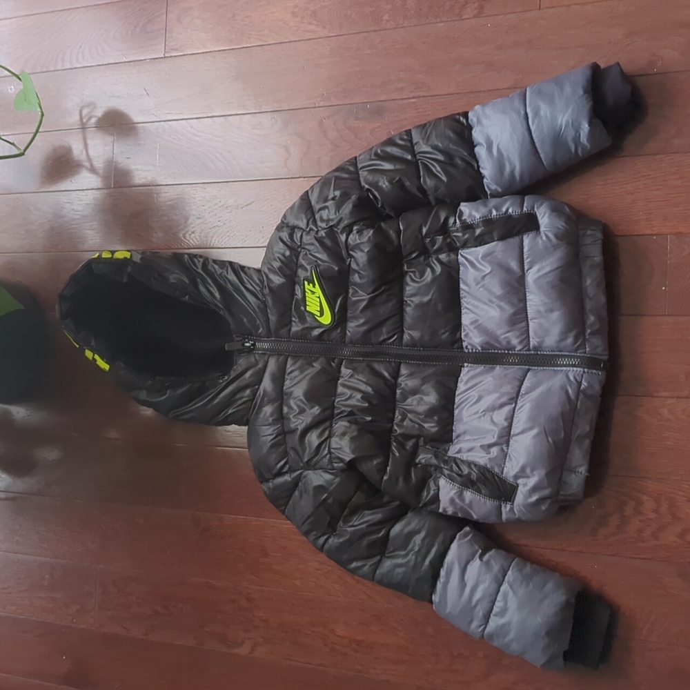 Nike Kids Black and Gray Puffer Jacket with Neon Accents
